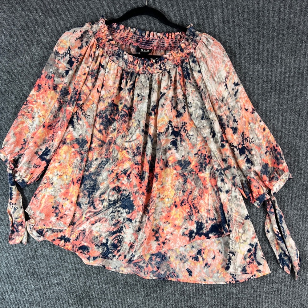 a.n.a A New Approach Women's Smocked Shoulder Blouse‎ Coral Navy Floral Print XS